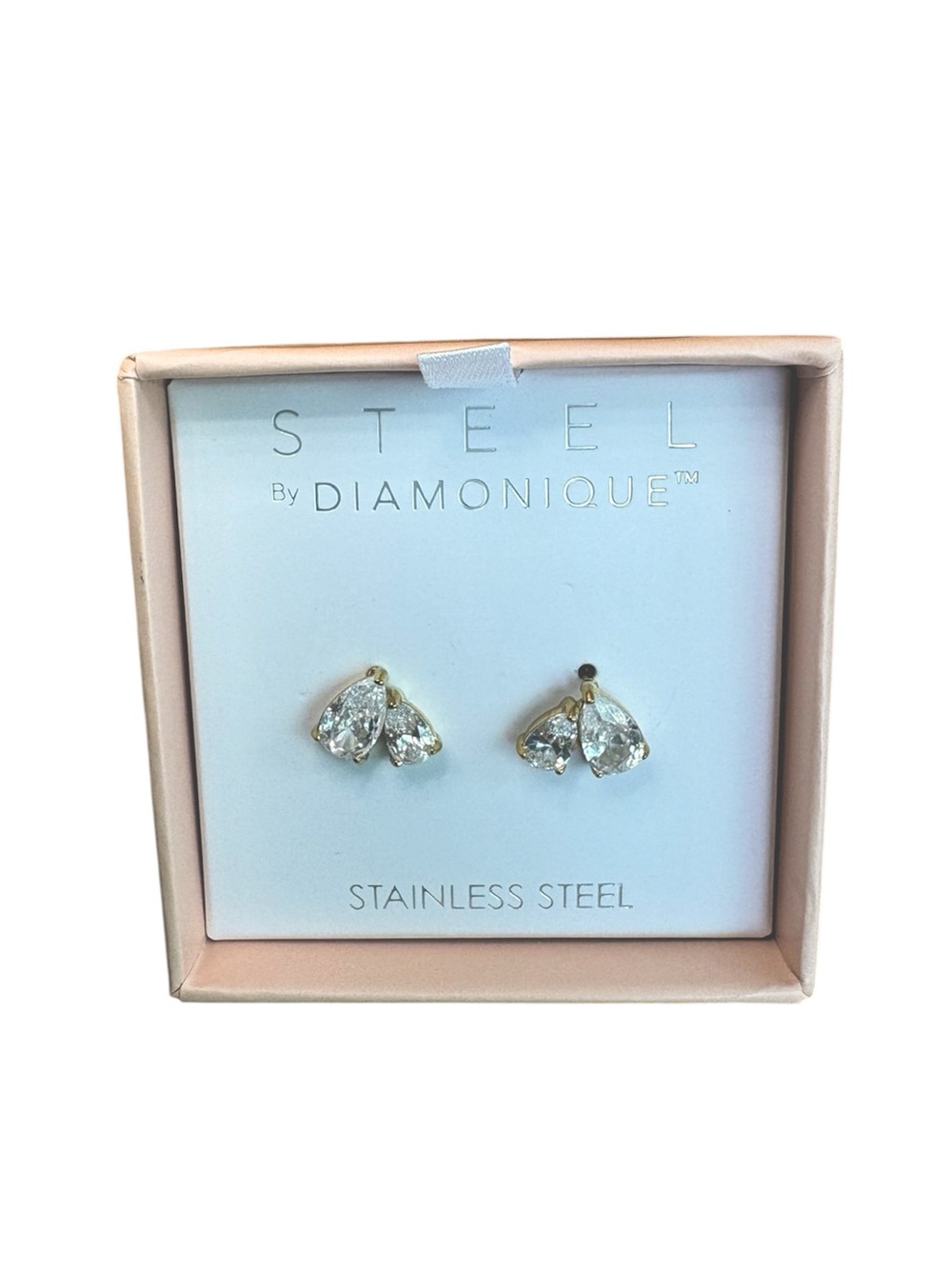 Steel by Diamonique Stud Earrings, Gold Tone, Two Pear-cut / NIB